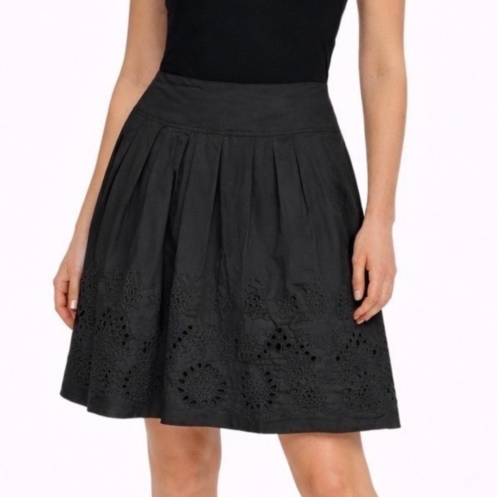 Anne Klein‎ A Line Black Eyelet Pleated Midi Skirt Women 2 Cotton Cottage Chic